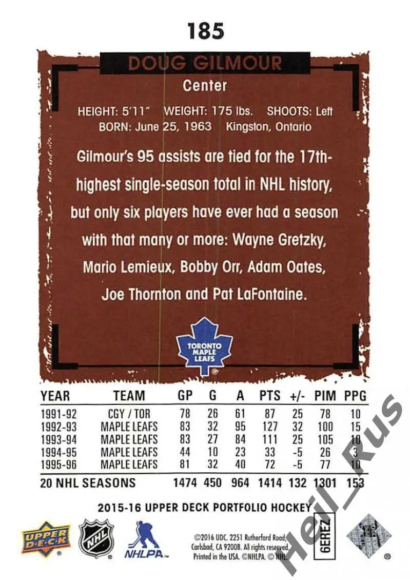 Хоккей. Карточка Doug Gilmour/Дуг Гилмор (Toronto Maple Leafs/Торонто) НХЛ/NHL 1