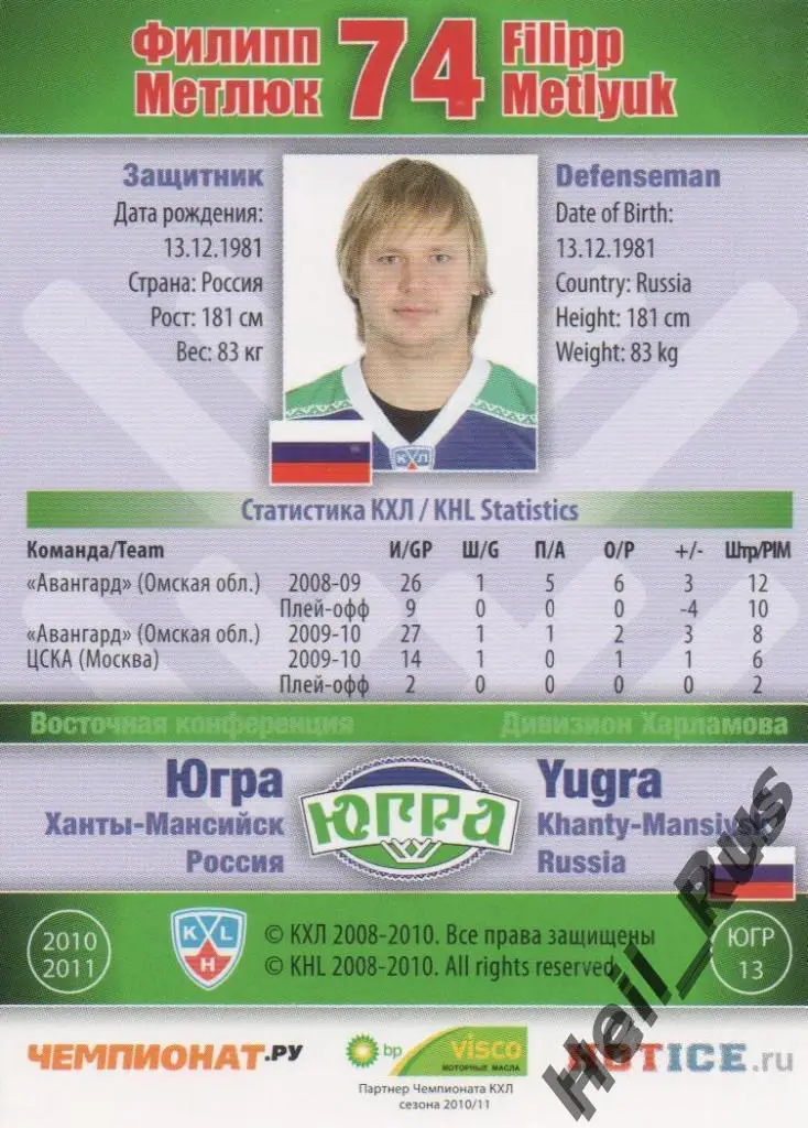 Хоккей. Карточка Филипп Метлюк Югра Ханты-Мансийск КХЛ/KHL сезон 2010/11 SeReal 1