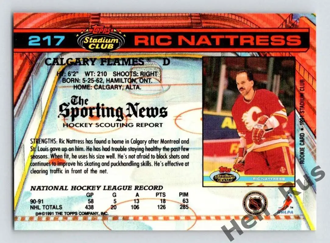 Хоккей; Карточка Ric Nattress/Рик Нэттресс Calgary Flames/Калгари Флэймз НХЛ/NHL 1