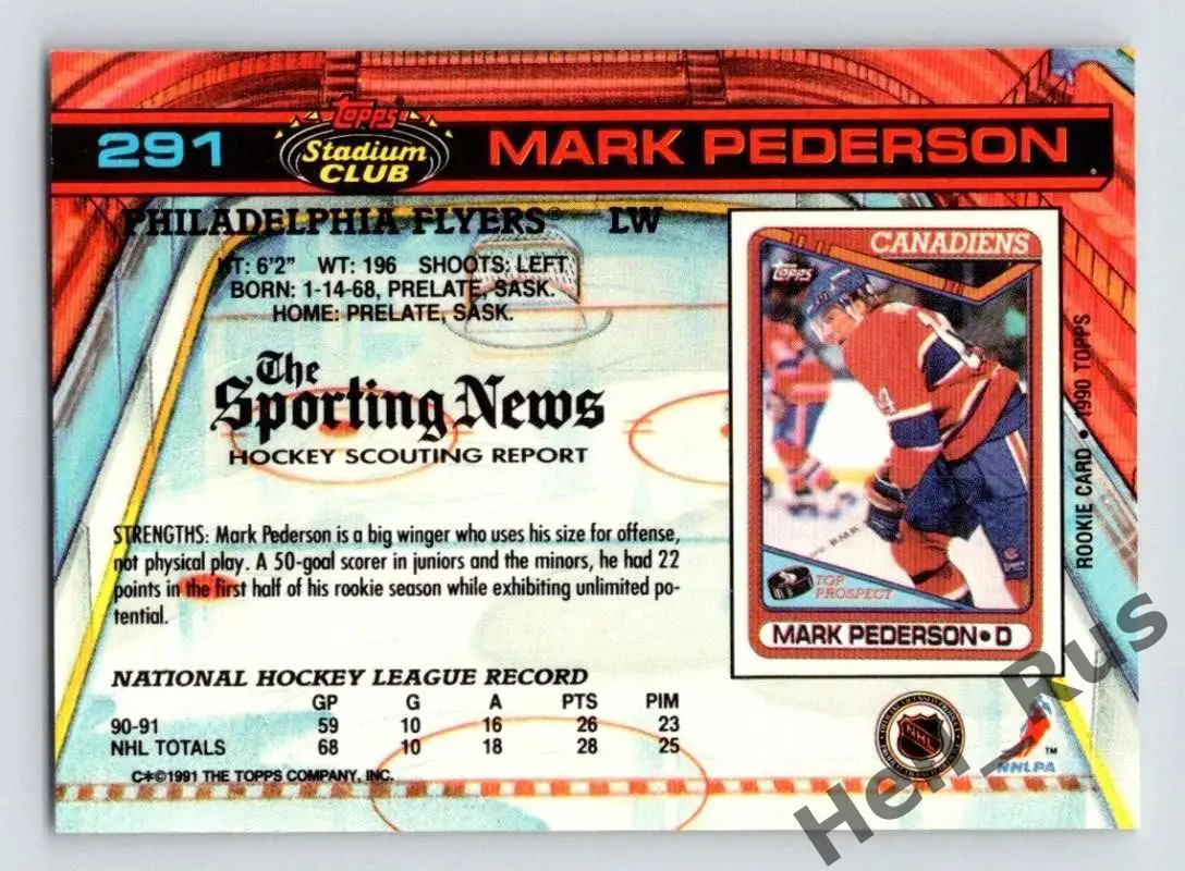 Хоккей. Карточка Mark Pederson/Марк Педерсон Philadelphia Flyers/Флайерз НХЛ/NHL 1