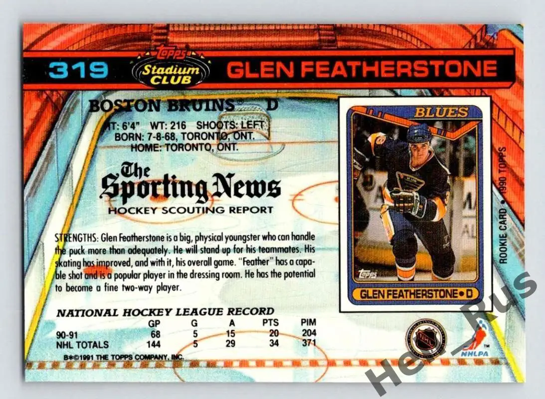 Карточка Глен Фезерстоун St. Louis Blues/Сент-Луис Boston Bruins/Бостон НХЛ/NHL 1