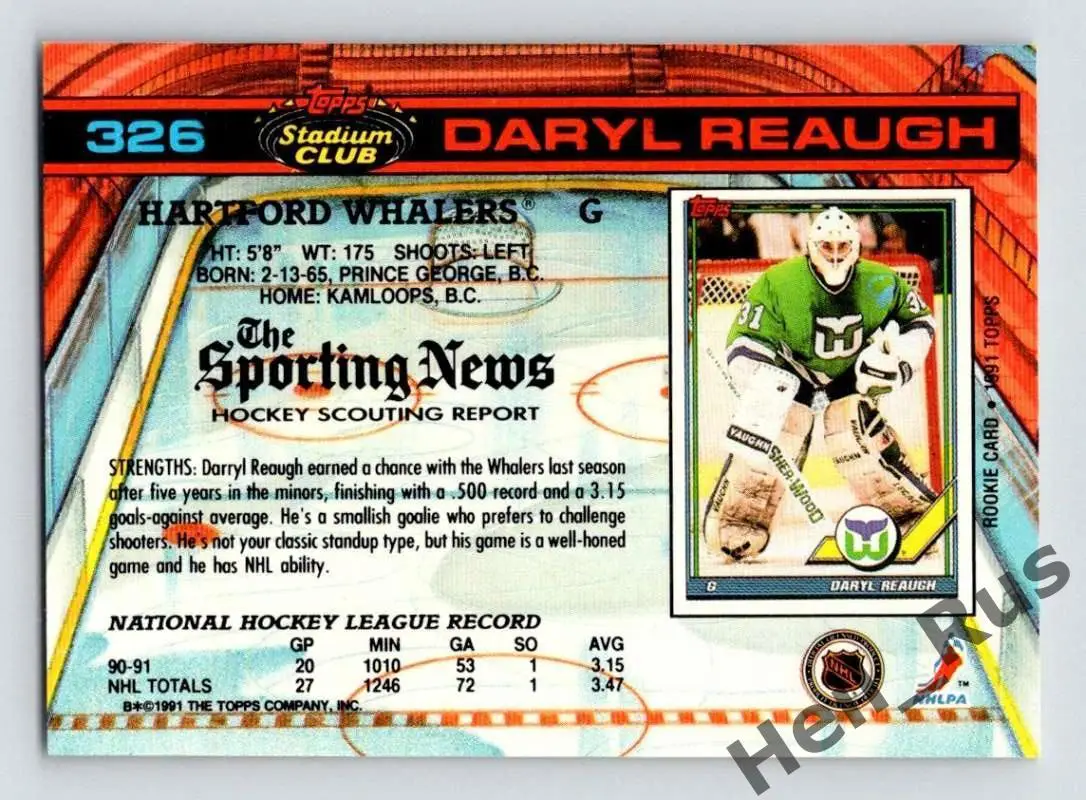 Хоккей. Карточка Daryl Reaugh/Дэрил Ро Hartford Whalers/Хартфорд Уэйлерс НХЛ/NHL 1