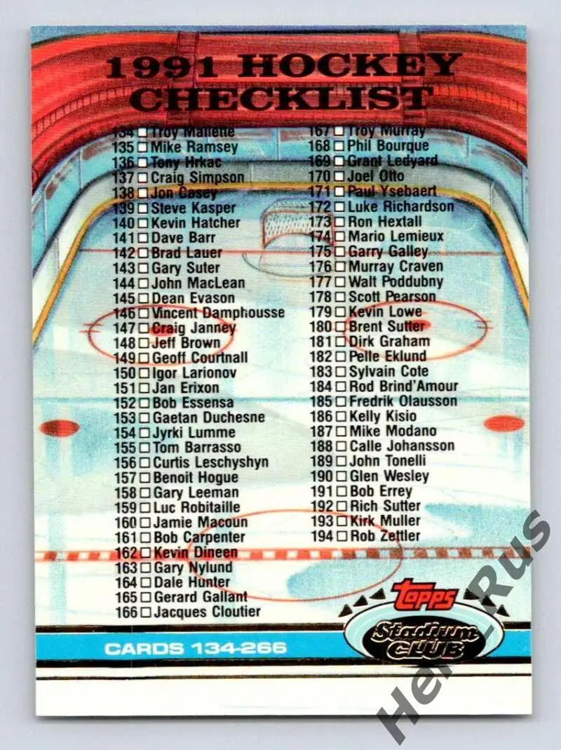 Хоккей. Карточка Checklist/Чеклист коллекции 1991-92 TOPPS Stadium Club НХЛ/NHL