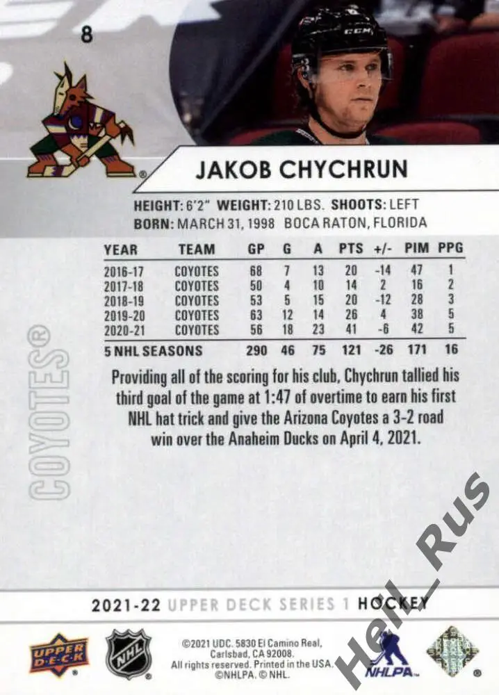 Хоккей. Карточка Jakob Chychrun/Джейкоб Чикран (Arizona Coyotes/Аризона) НХЛ/NHL 1