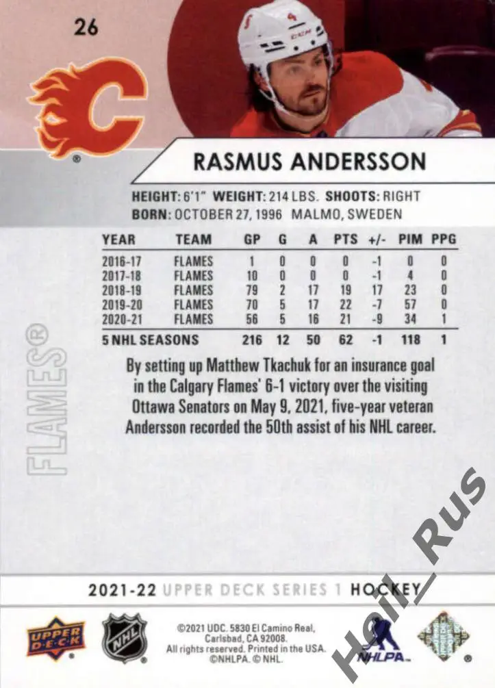 Хоккей Карточка Rasmus Andersson/Расмус Андерссон Calgary Flames/Калгари НХЛ/NHL 1