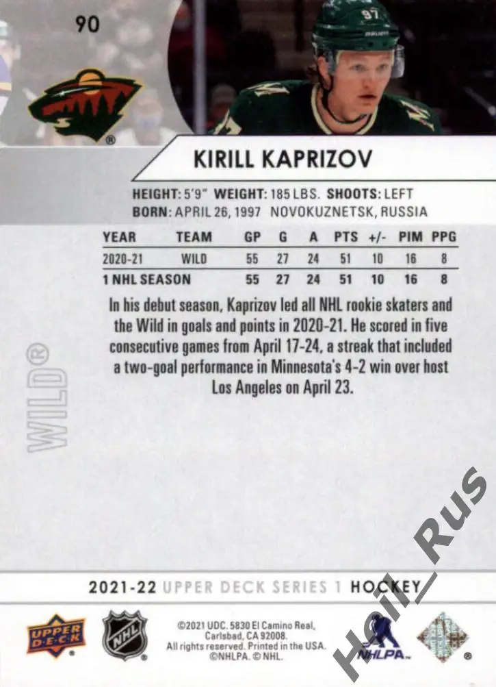 Карточка Кирилл Капризов (Minnesota Wild/Миннесота, Салават Юлаев, ЦСКА) НХЛ/КХЛ 1
