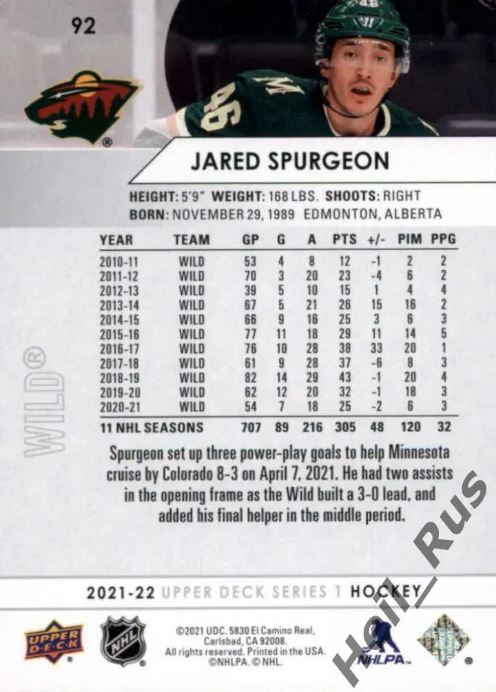 Хоккей; Карточка Jared Spurgeon/Джаред Сперджен Minnesota Wild/Миннесота НХЛ/NHL 1