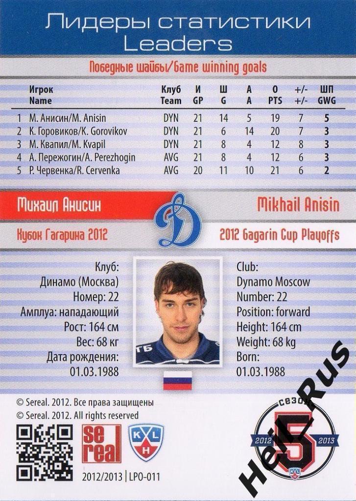 Хоккей. Карточка Михаил Анисин (Динамо Москва) КХЛ/KHL сезон 2012/13 SeReal 1