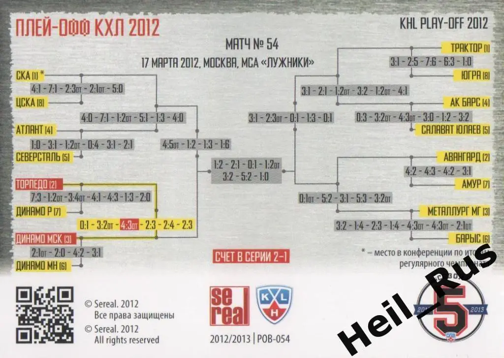 Хоккей Карточка Динамо Москва/Торпедо Нижний Новгород (КХЛ Кубок Гагарина 2012) 1