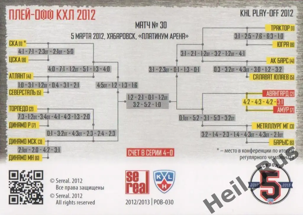Хоккей. Карточка Амур Хабаровск / Авангард Омск (КХЛ Кубок Гагарина 2012) SeReal 1