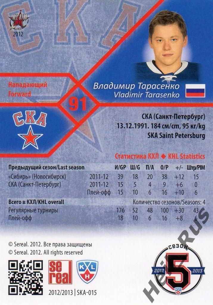 Хоккей. Карточка Владимир Тарасенко (СКА Санкт-Петербург) КХЛ/KHL 2012/13 SeReal 1