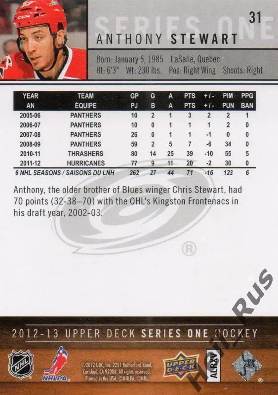 Хоккей Карточка Энтони Стюарт Carolina Hurricanes/Каролина, Автомобилист НХЛ/КХЛ 1