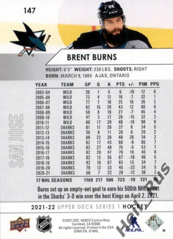 Хоккей Карточка Brent Burns/Брент Бернс (San Jose Sharks/Сан-Хосе Шаркс) НХЛ/NHL 1
