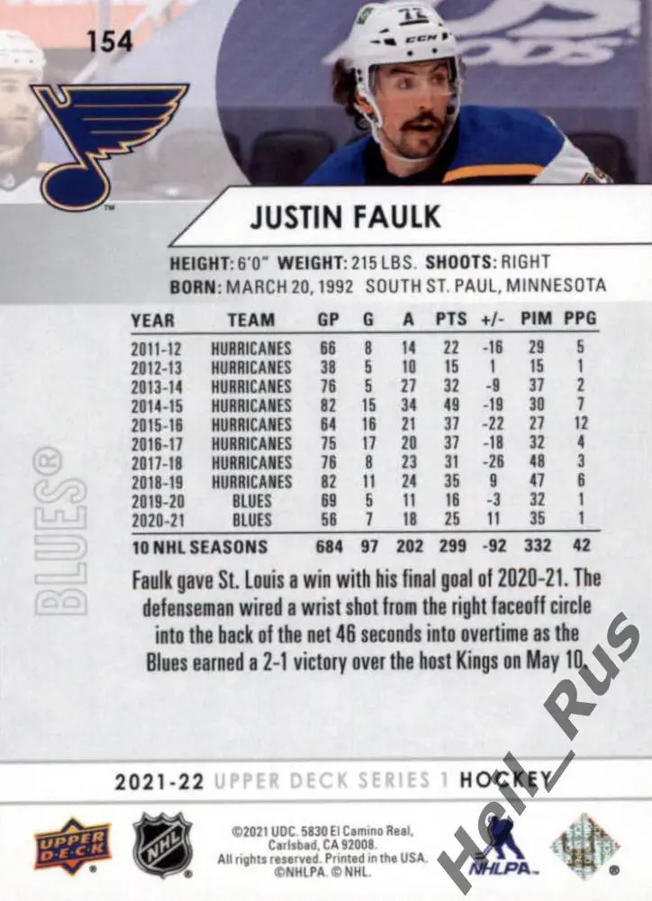 Хоккей Карточка Justin Faulk/Джастин Фолк St. Louis Blues/Сент-Луис Блюз НХЛ/NHL 1