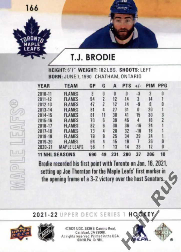 Хоккей. Карточка T.J. Brodie/Ти Джей Броди (Toronto Maple Leafs/Торонто) НХЛ/NHL 1