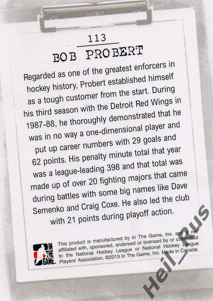 Хоккей. Карточка Bob Probert/Боб Проберт (Detroit Red Wings / Детройт) НХЛ/NHL 1