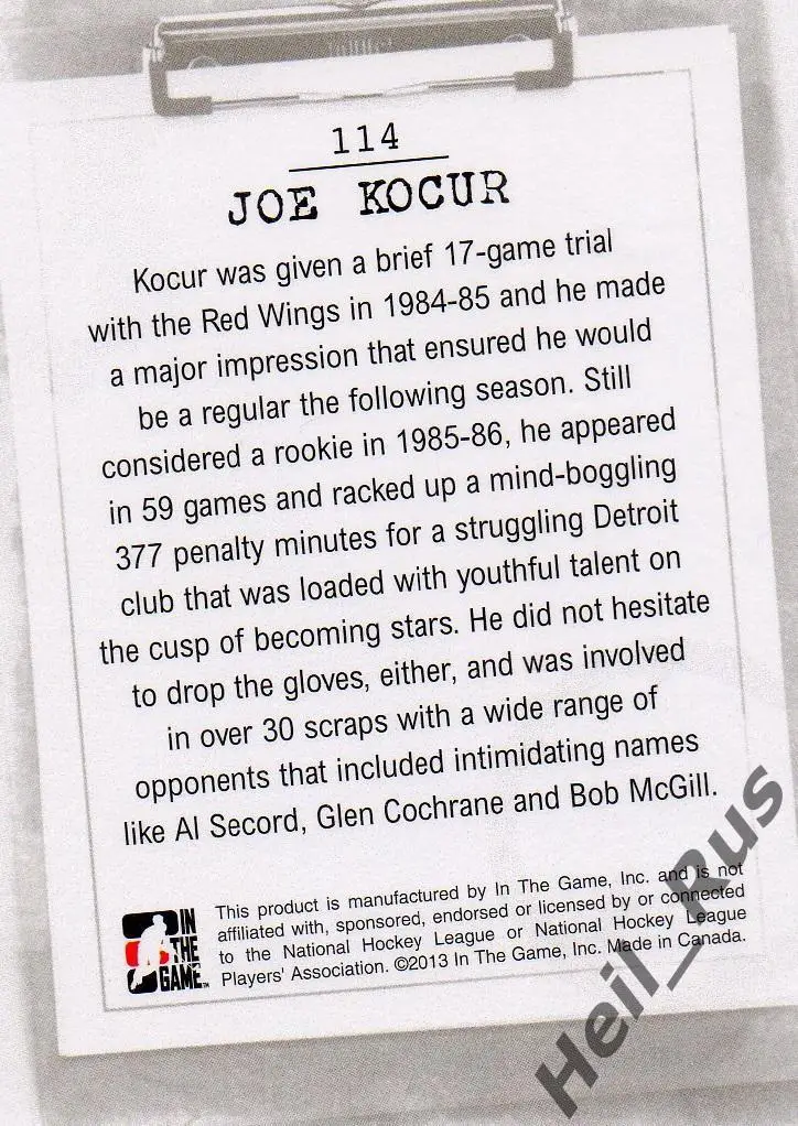 Хоккей Карточка Joey Kocur/Джо Кошур Detroit Red Wings/Детройт Ред Уингз НХЛ/NHL 1
