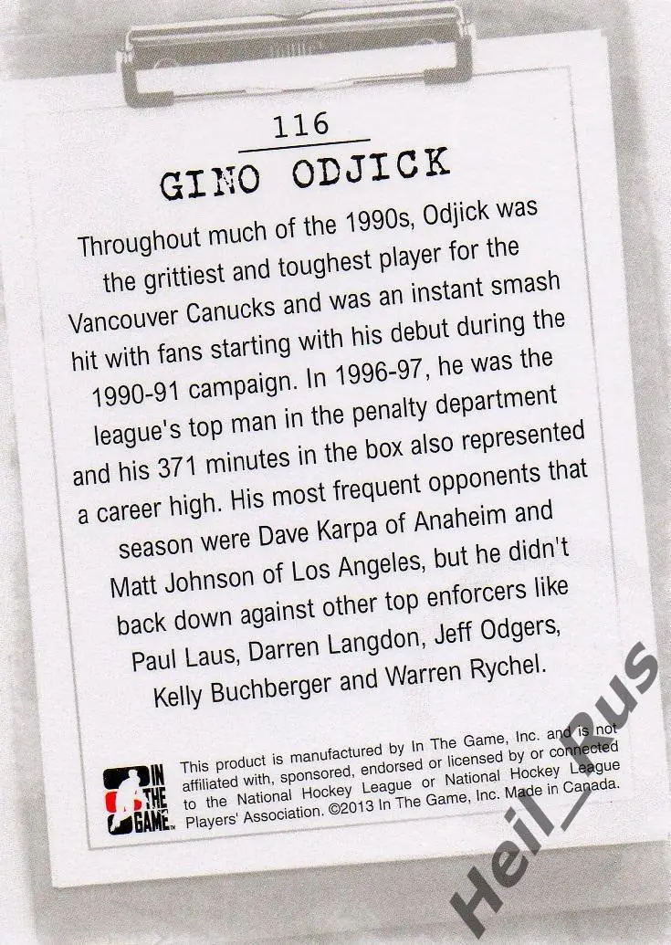 Хоккей. Карточка Gino Odjick/Джино Оджик (Vancouver Canucks/Ванкувер) НХЛ/NHL 1