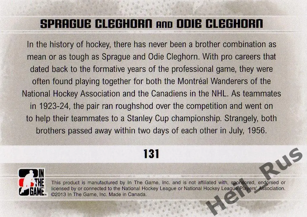 Карточка Sprague/Odie Cleghorn Спрэг/Оди Клегхорн (Montreal Canadiens) НХЛ/NHL 1