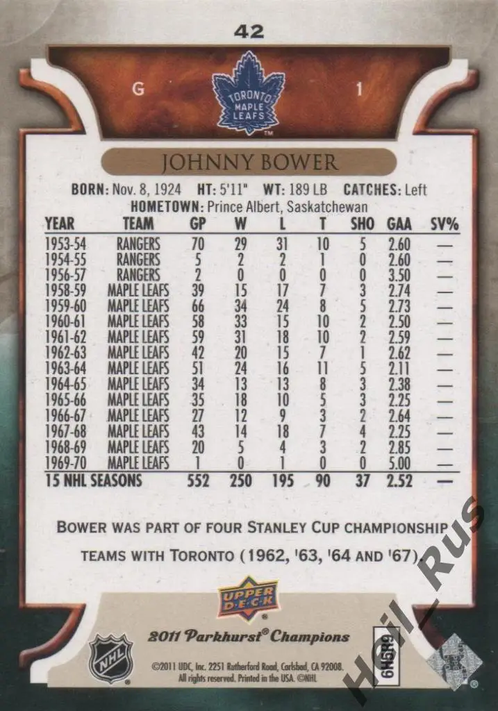 Хоккей. Карточка Johnny Bower/Джонни Бауэр (Toronto Maple Leafs/Торонто) НХЛ/NHL 1