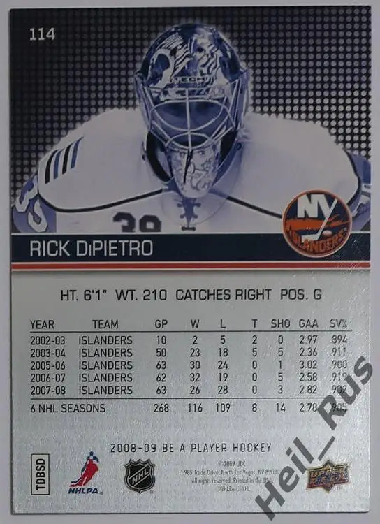 Хоккей. Карточка Rick DiPietro/Рик Дипьетро New York Islanders/Айлендерс НХЛ/NHL 1