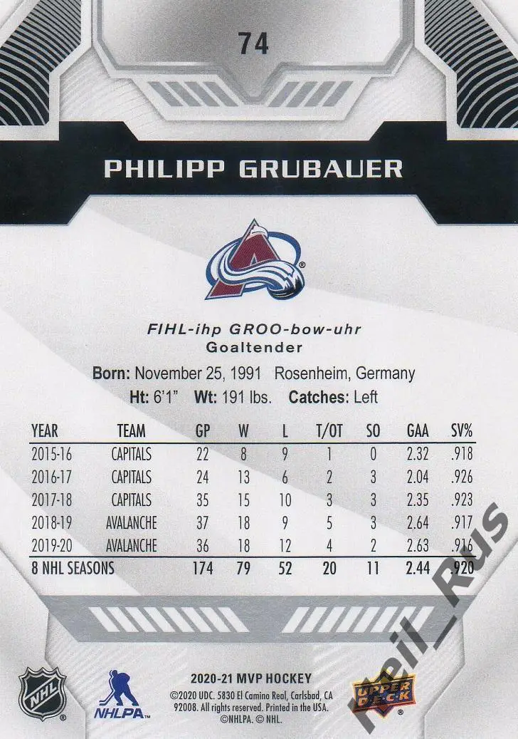 Карточка Philipp Grubauer/Филипп Грубауэр Colorado Avalanche / Колорадо НХЛ/NHL 1