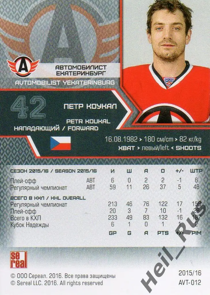 Хоккей Карточка Петр Коукал (Автомобилист Екатеринбург) КХЛ сезон 2015/16 SeReal 1
