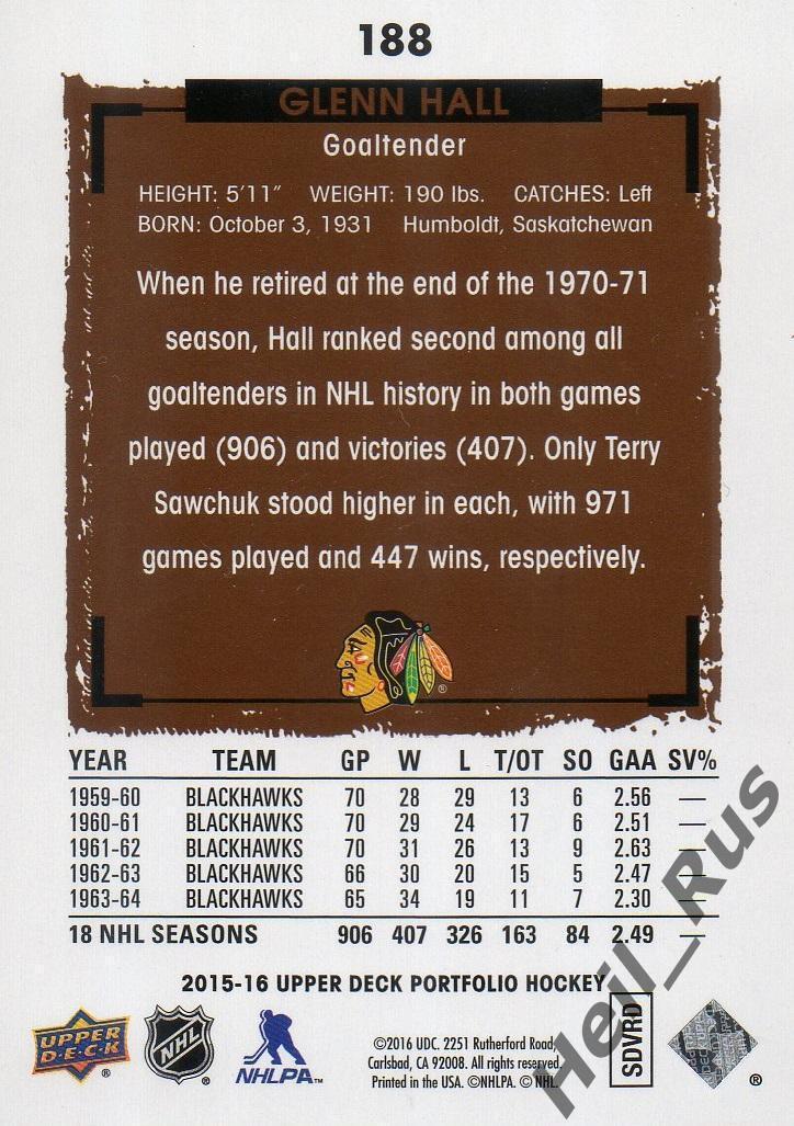 Хоккей Карточка Glenn Hall/Гленн Холл Chicago Blackhawks/Чикаго Блэкхокс НХЛ/NHL 1