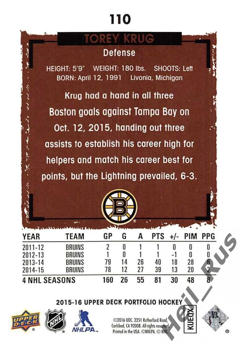 Хоккей. Карточка Torey Krug/Тори Круг (Boston Bruins / Бостон Брюинз) НХЛ/NHL 1