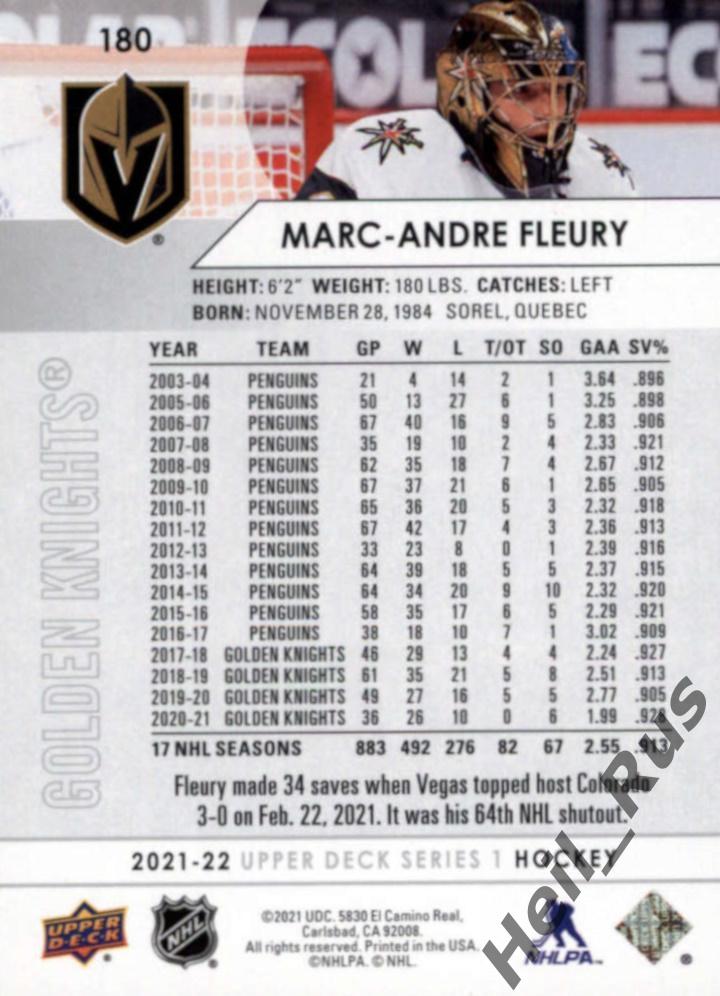 Карточка Marc-Andre Fleury/Марк-Андре Флери Vegas Golden Knights/Вегас НХЛ/NHL 1
