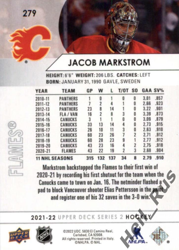 Хоккей. Карточка Jacob Markstrom/Якоб Маркстрем (Calgary Flames/Калгари) НХЛ/NHL 1