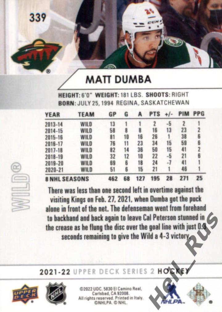 Хоккей. Карточка Matt Dumba/Мэтт Дамба (Minnesota Wild/Миннесота Уайлд) НХЛ/NHL 1