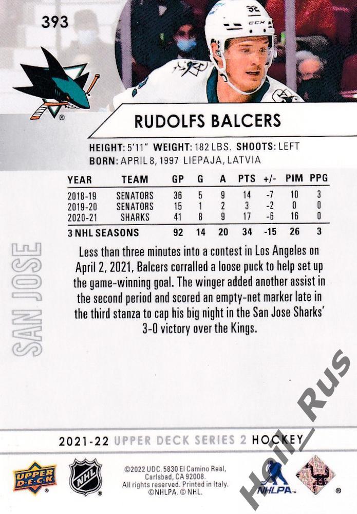 Карточка Rudolfs Balcers/Рудолфс Балцерс San Jose Sharks/Сан-Хосе Шаркс НХЛ/NHL 1