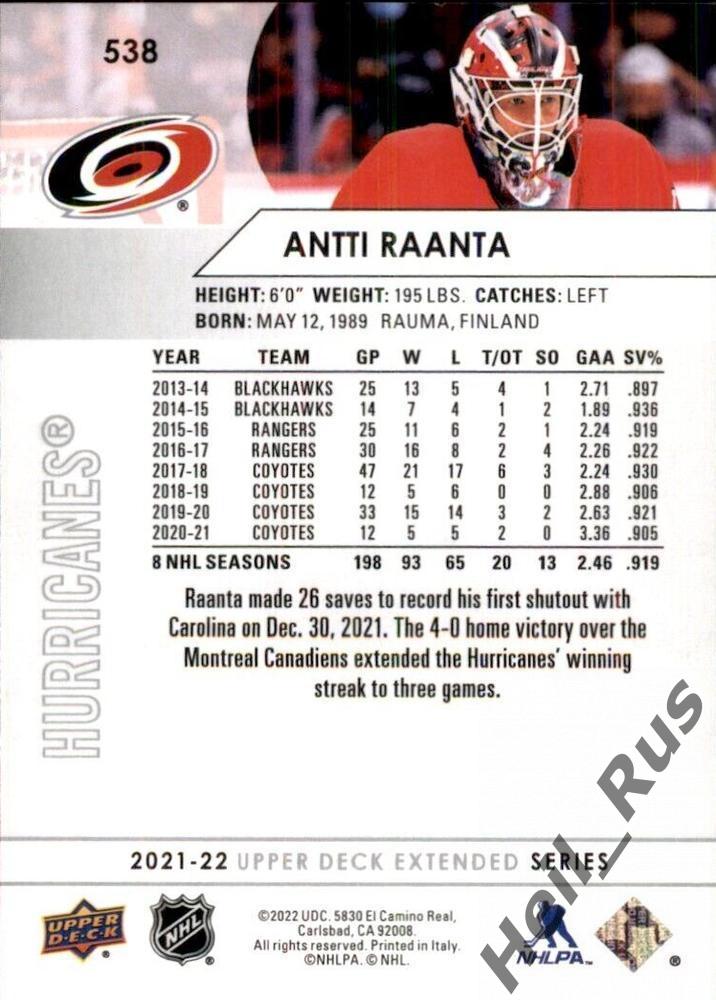 Хоккей. Карточка Antti Raanta/Антти Раанта Carolina Hurricanes/Каролина НХЛ/NHL 1