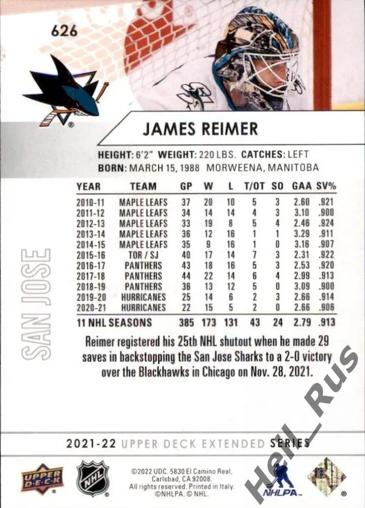 Хоккей. Карточка James Reimer/Джеймс Раймер (San Jose Sharks / Сан-Хосе) НХЛ/NHL 1