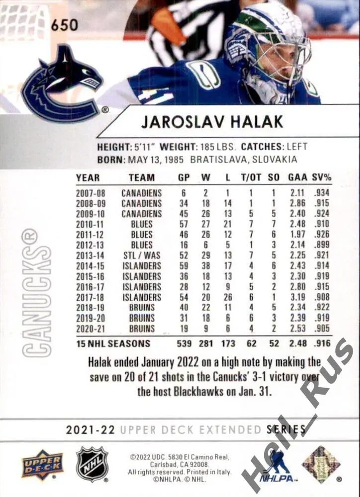 Хоккей. Карточка Jaroslav Halak/Ярослав Галак Vancouver Canucks/Ванкувер НХЛ/NHL 1