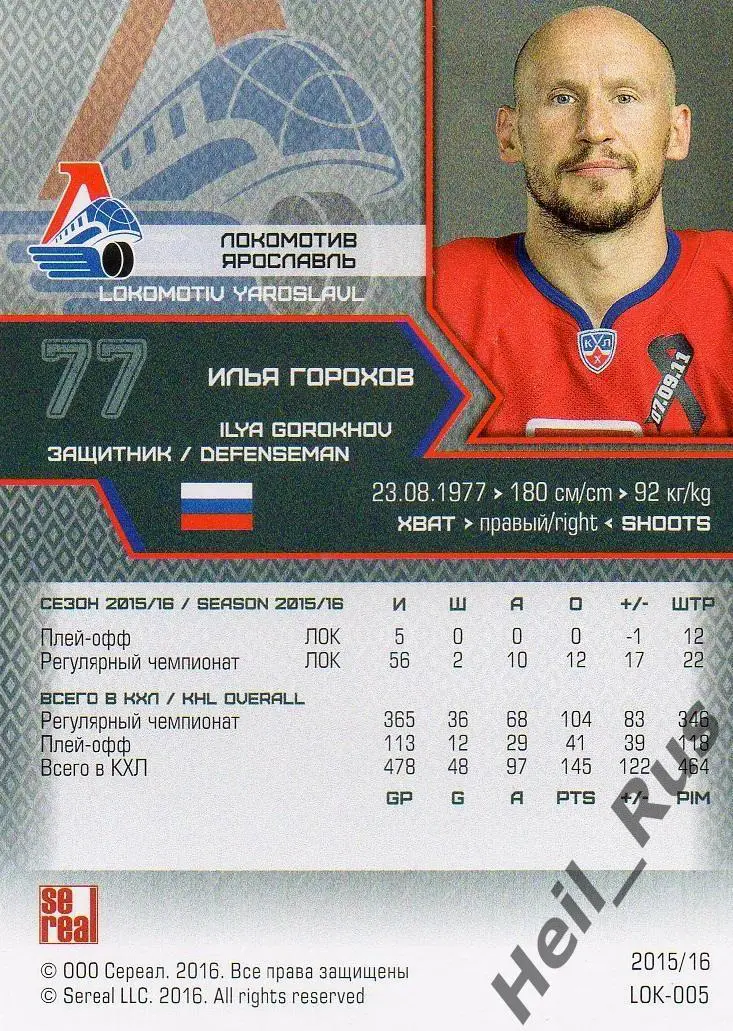 Хоккей. Карточка Илья Горохов (Локомотив Ярославль) КХЛ/KHL сезон 2015/16 SeReal 1