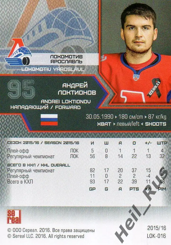 Хоккей. Карточка Андрей Локтионов (Локомотив Ярославль) КХЛ сезон 2015/16 SeReal 1