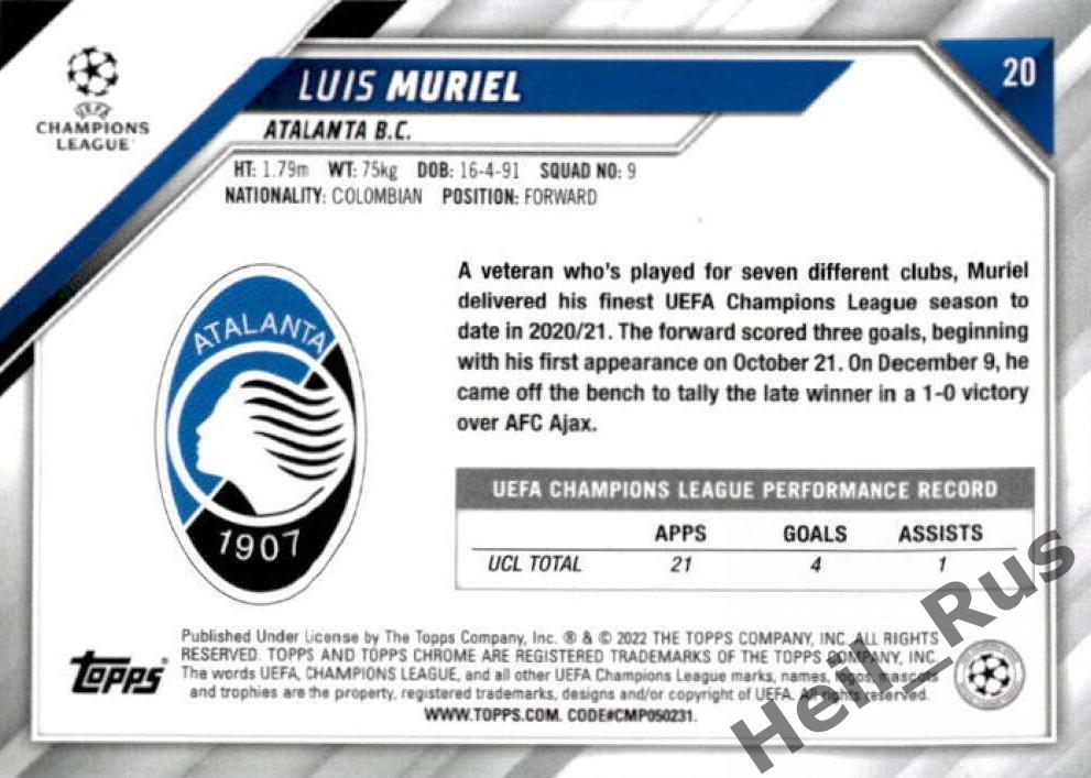 Футбол Карточка Luis Muriel/Луис Мурьель (Аталанта) Лига Чемпионов 2021-22 TOPPS 1