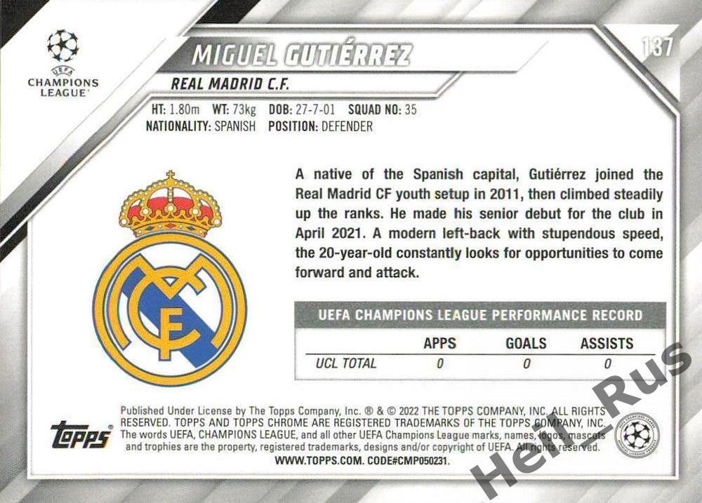 Футбол. Карточка Мигель Гутьеррес (Реал Мадрид, Жирона) Лига Чемпионов 2021-22 1