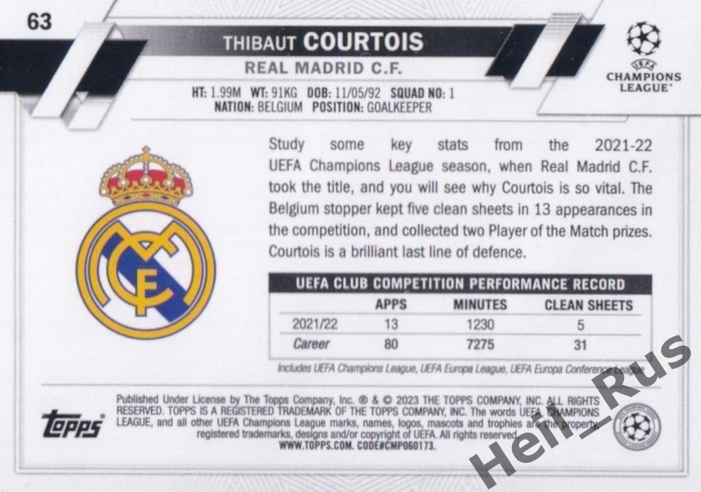Футбол. Карточка Тибо Куртуа Реал Мадрид, Челси, Атлетико Лига Чемпионов 2022-23 1