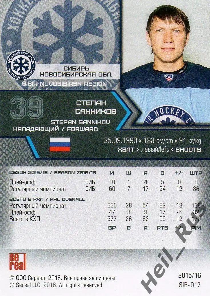 Хоккей. Карточка Степан Санников Сибирь Новосибирск КХЛ/KHL сезон 2015/16 SeReal 1