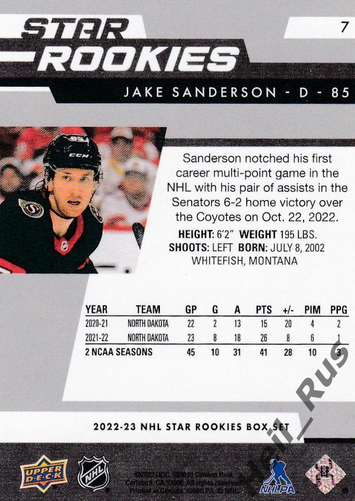 Хоккей. Карточка Jake Sanderson/Джейк Сэндерсон (Ottawa Senators/Оттава) НХЛ/NHL 1