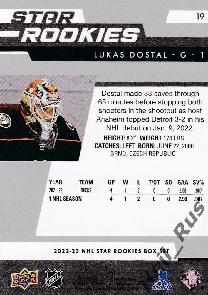 Хоккей. Карточка Lukas Dostal/Лукаш Достал (Anaheim Ducks/Анахайм Дакс) НХЛ/NHL 1