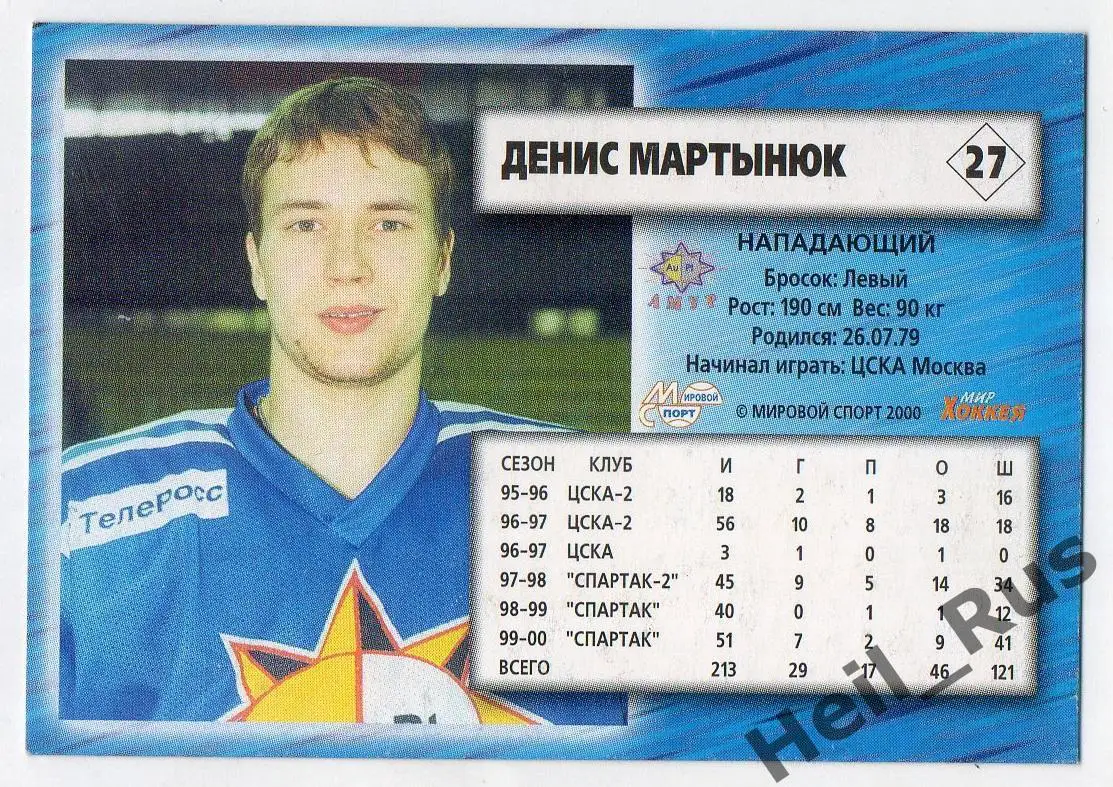 Хоккей. Карточка Денис Мартынюк (Амур Хабаровск) Чемпионат России 2000-2001 1