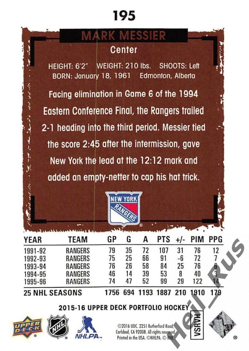 Карточка Mark Messier/Марк Мессье (New York Rangers/Нью-Йорк Рейнджерс) НХЛ/NHL 1