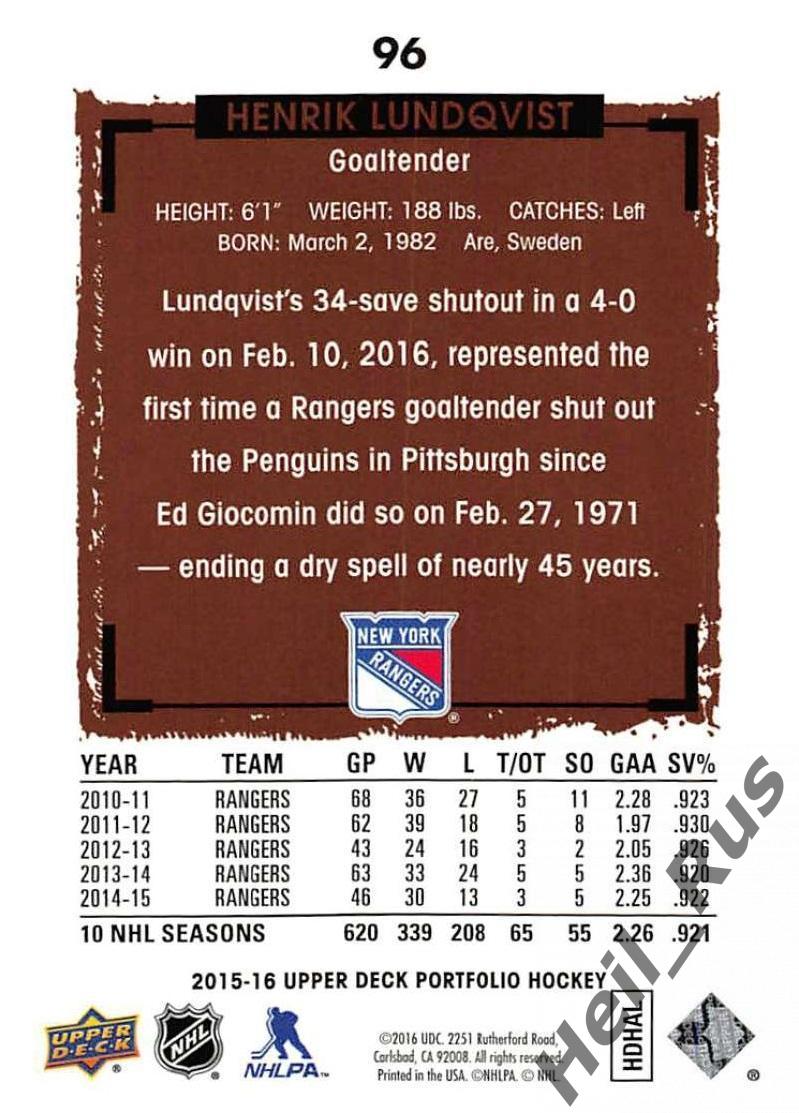 Хоккей. Карточка Henrik Lundqvist/Хенрик Лундквист (New York Rangers) НХЛ / NHL 1