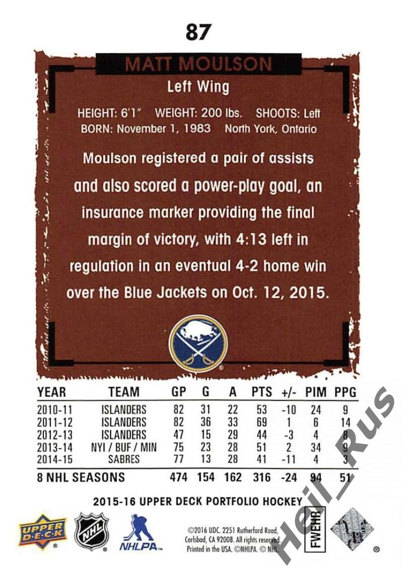 Хоккей. Карточка Matt Moulson/Мэтт Моулсон Buffalo Sabres/Баффало Сейбрз НХЛ/NHL 1