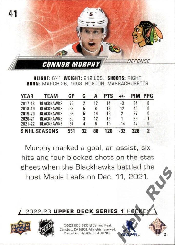 Хоккей; Карточка Connor Murphy/Коннор Мерфи (Chicago Blackhawks/Чикаго) НХЛ/NHL 1