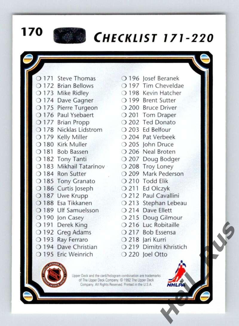 Хоккей. Карточка Checklist/Чеклист коллекции 1992-1993 Upper Deck Hockey НХЛ/NHL 1